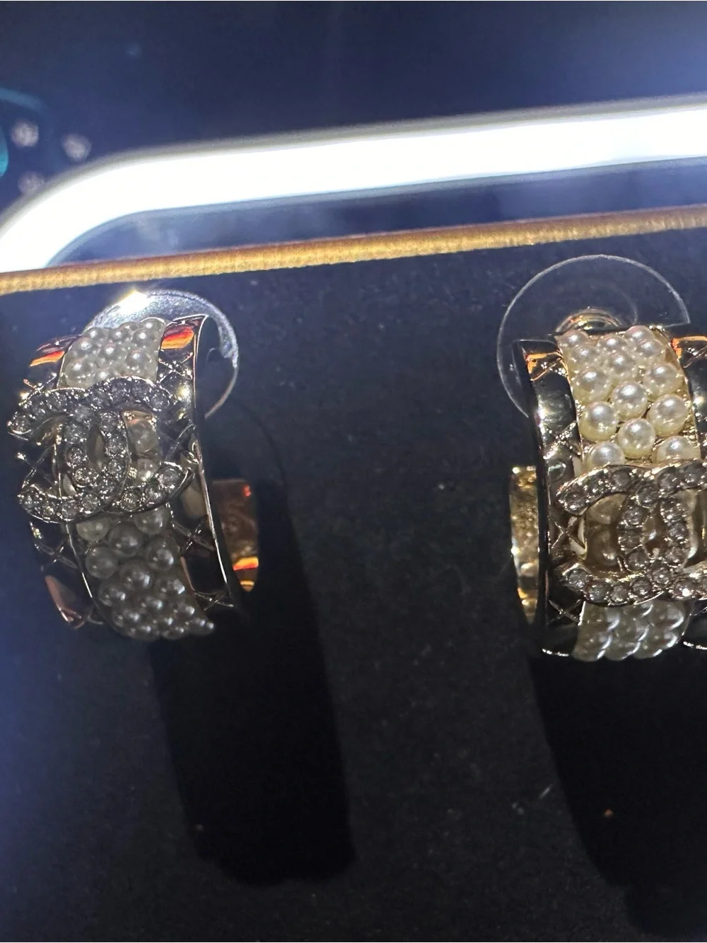 Gold-Tone Hoop Earrings with Pearls and Crystal CC Logo